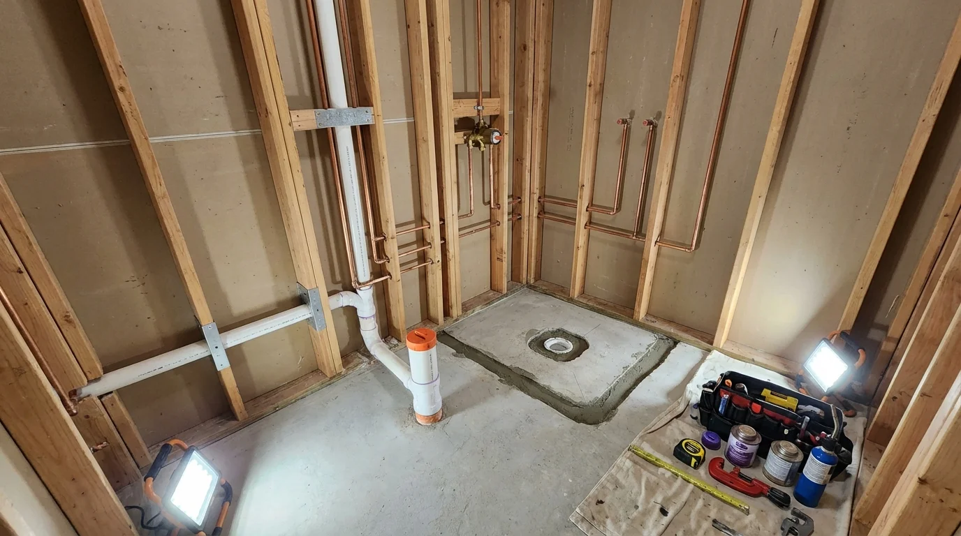 Bathroom rough-in plumbing during remodel by Johns Plumbing LLC in Amity