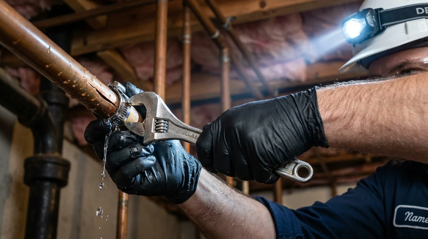 Emergency pipe clamp repair being performed by a Johns Plumbing LLC plumber in Amity