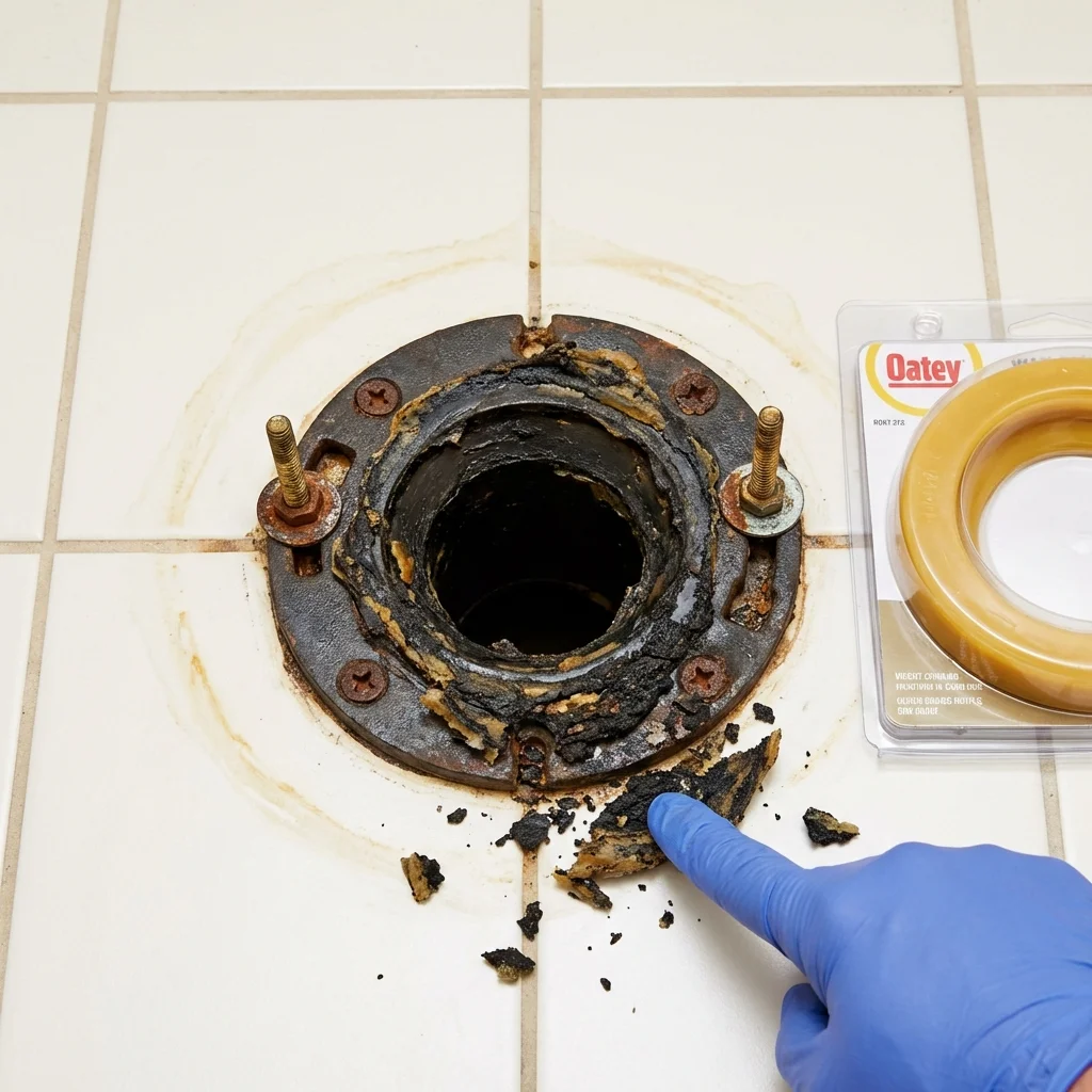 Failed wax ring showing water seepage at the base of a toilet in a Amity, OR home